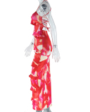 Women Sling Printed Backless Ruffers Irregular Maxi Dress Red S-L