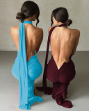 Solid Color Sleeveless Sexy Backless Women One-piece Maxi Dress S-L