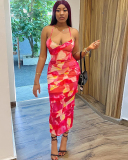 Women Sling Printed Backless Ruffers Irregular Maxi Dress Red S-L