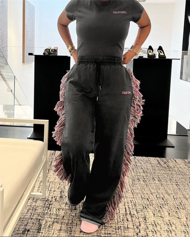 Women's Round Neck Embroidered Short Sleeved T-Shirt With High Waist And Colorful Tassel Casual Pants