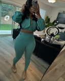 Autumn New Sexy Drawstring Waist Long Sleeve Crop Top High Waist Tight Pants Set for Women Black Green Purple Red S-L