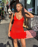 Summer Women's New Sexy Hollow Out Mushroom Edge Knitted Dress S-L