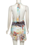 Summer New Sexy Deep V-Belt Hanging Neck Backless Irregular Printed Dress S-L