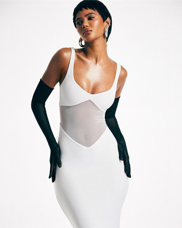 Summer New Fashionable Sexy Low Cut See Through Long Dress S-L
