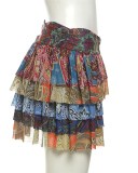 Summer New Fashionable Women's Sexy Cake Skirt High Waist Retro Printed Half Length Skirt S-L