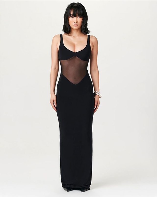 Summer New Fashionable Sexy Low Cut See Through Long Dress S-L