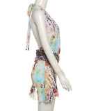Summer New Sexy Deep V-Belt Hanging Neck Backless Irregular Printed Dress S-L