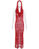 Women New Sexy Solid Color Knitted Perspective Round Neck High Waist Slimming Long Dress Red S-L