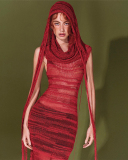 Women New Sexy Solid Color Knitted Perspective Round Neck High Waist Slimming Long Dress Red S-L