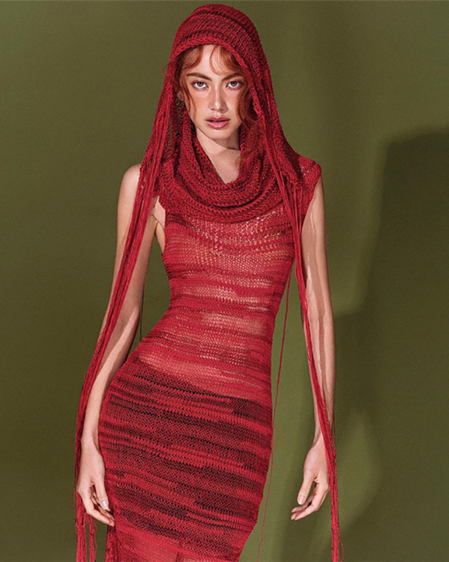 Women New Sexy Solid Color Knitted Perspective Round Neck High Waist Slimming Long Dress Red S-L
