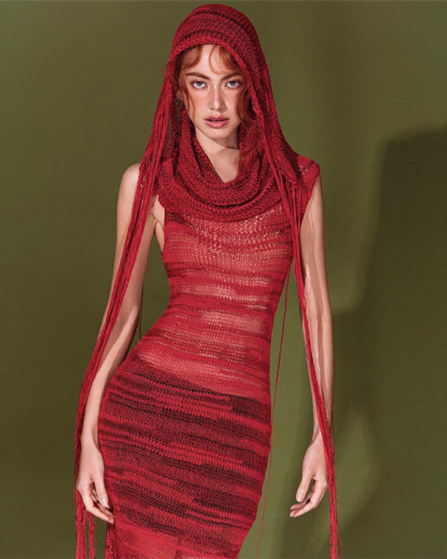 Women New Sexy Solid Color Knitted Perspective Round Neck High Waist Slimming Long Dress Red S-L