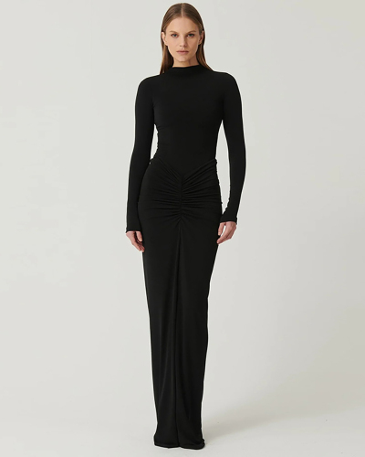 Autumn Winter Sexy Waist Slimming Solid Color Long Dress S-L