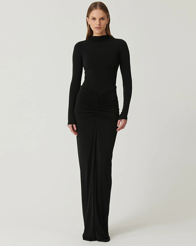 Autumn Winter Sexy Waist Slimming Solid Color Long Dress S-L
