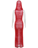 Women New Sexy Solid Color Knitted Perspective Round Neck High Waist Slimming Long Dress Red S-L