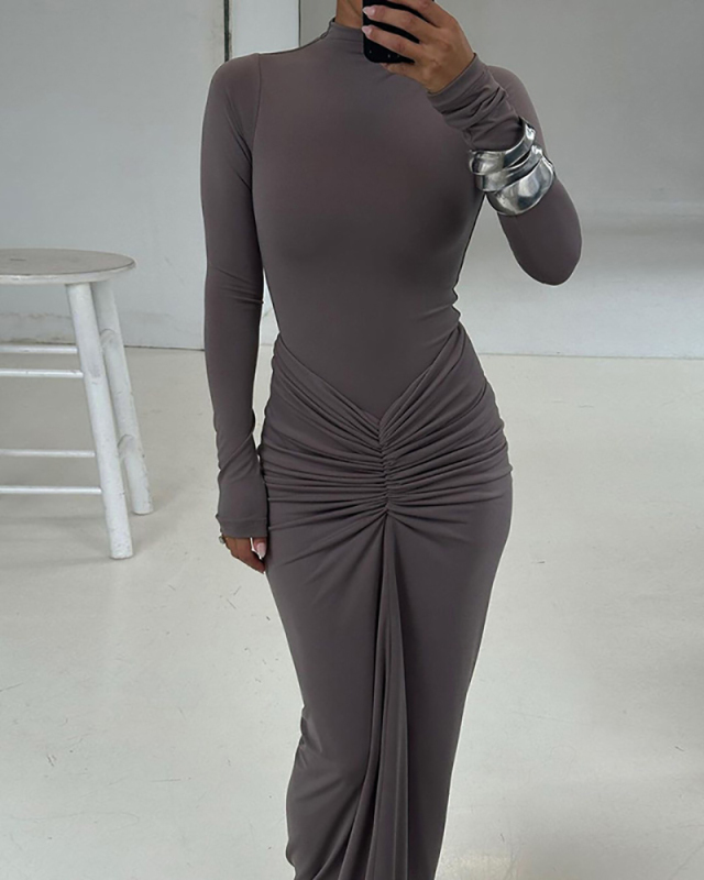 Autumn Winter Sexy Waist Slimming Solid Color Long Dress S-L