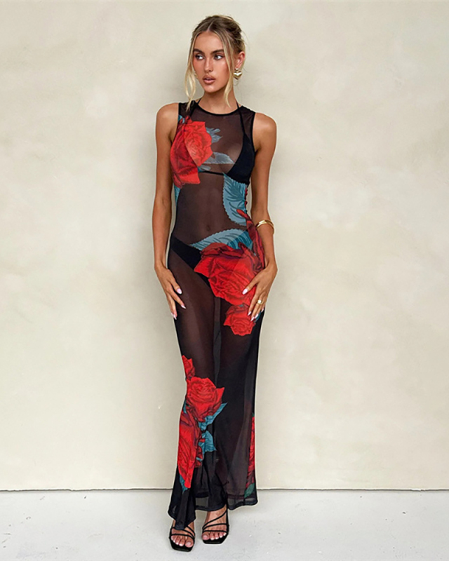 Summer New Women's Round Neck Sleeveless Sexy See Through Mesh Printed Dress S-L