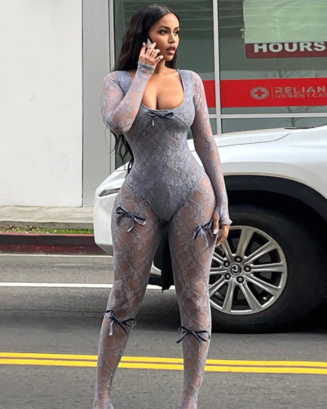Spring New Sexy Perspective High Waisted Jacquard Tight Fitting Lace Jumpsuit S-L