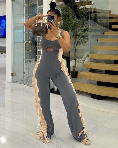 Summer New Women Sleeveless Fashion Colorblock Personality Tassel Casual Jumpsuit Blue Brown S-L