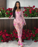 Spring New Sexy Perspective High Waisted Jacquard Tight Fitting Lace Jumpsuit S-L