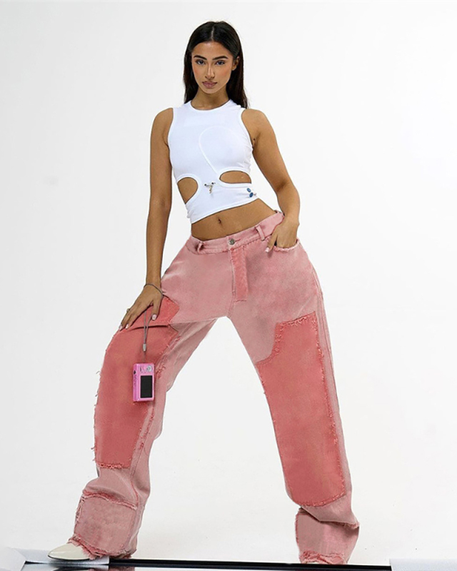 Autumn Women's New Spliced Contrasting Color High Waisted Loose Casual Jeans S-L