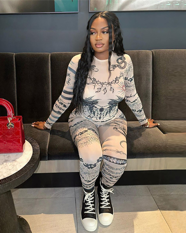 Autumn Women's New Sexy Mesh See Through Printed Tight Fitting Casual Pants S-L