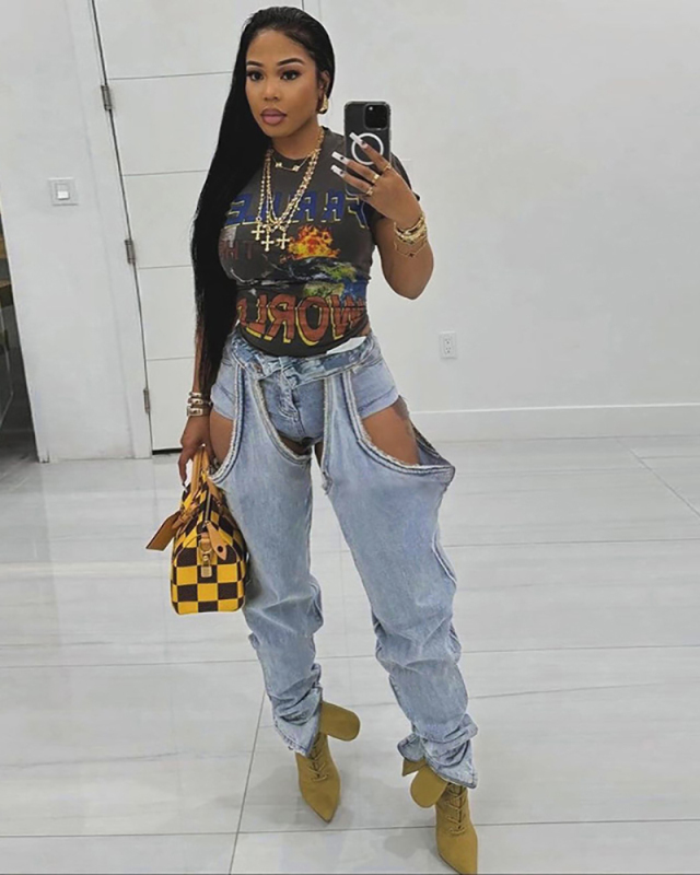 Women's Street Sexy High Waisted Patchwork Slim Jeans Pants Light Blue S-L