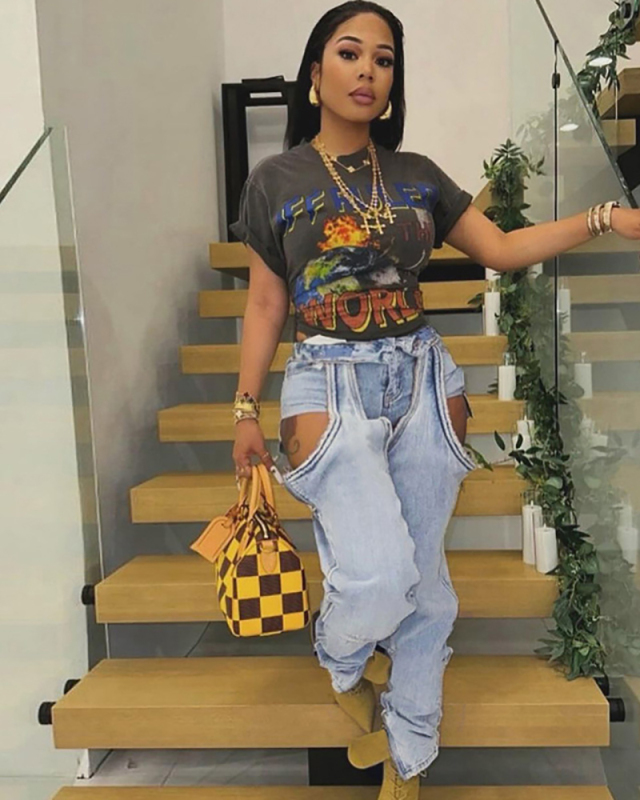 Women's Street Sexy High Waisted Patchwork Slim Jeans Pants Light Blue S-L