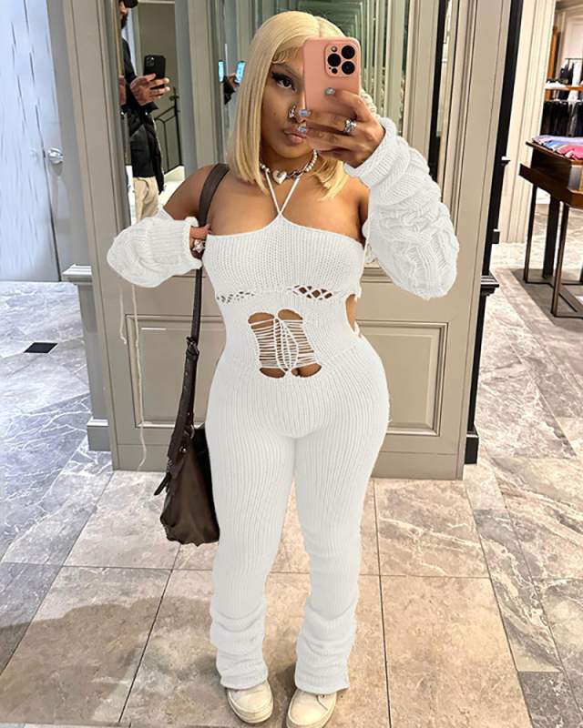 Summer Women's New Sexy Backless Hanging Neck Knitted Jumpsuit Pants S-L