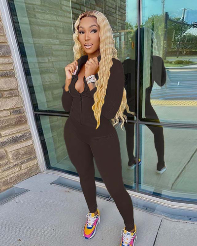 New Autumn Women's Hooded Cardigan Slim Fit Sports Leisure Set Black Coffee Green S-L