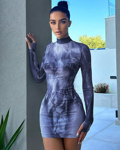 Printed Women Long Sleeve Autumn Dress S-L