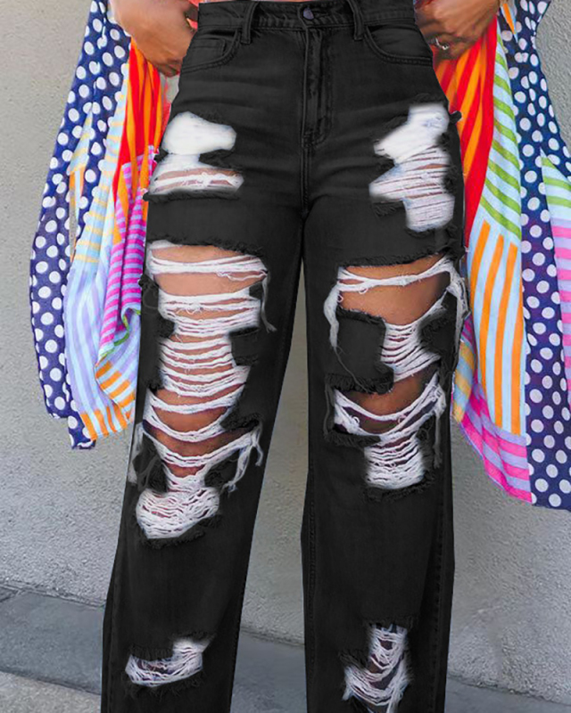 Fashion Women Burn Out Wide Leg Jean Pants S-3XL