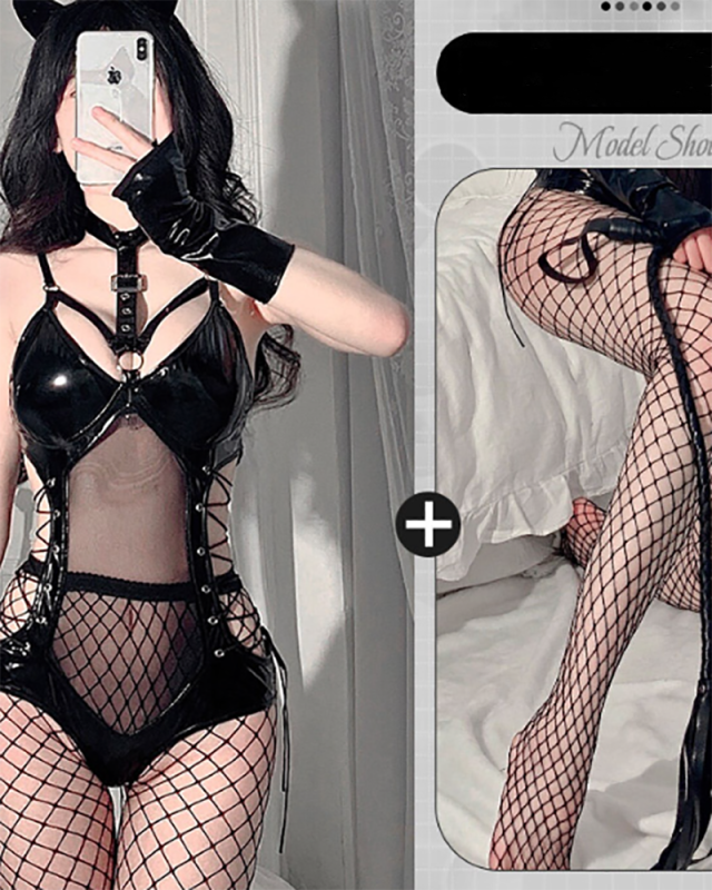 Sexy Black PU Teddies Lingerie Include Stocking