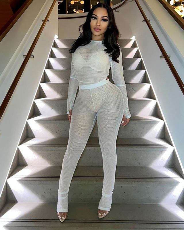Women Summer New Net Tight Long Sleeve Top Pants Casual Set S-L