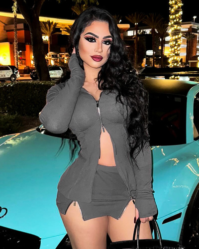 Lady Autumn New Fashion Crop Top Slim Zipper Round Neck Long Sleeved Shorts Set S-L