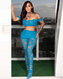 Lady Summer New Lace Splicing One Shoulder Top Two Piece Legged Pants Set S-L