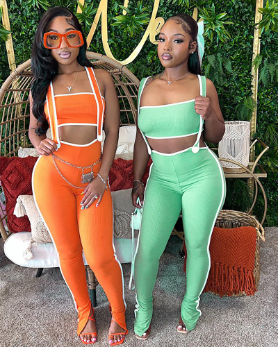 Lady Summer Top With Shoulder Straps And Pants Casual Two-Piece Set S-L