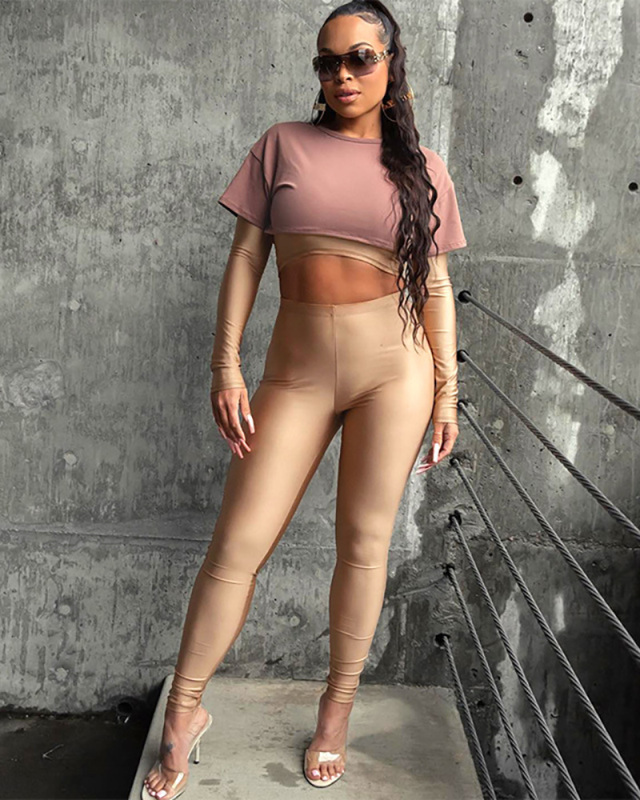 Women Summer Color Blocking Double-Layer Long Sleeved Long Pants Casual Suit S-L
