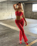 Women Spring Sleeveless Strapless Waist Long Pants Lace Two-Piece Set S-L