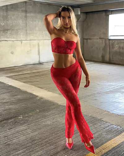 Women Spring Sleeveless Strapless Waist Long Pants Lace Two-Piece Set S-L