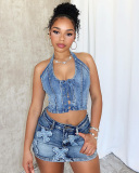 Lady Summer Hanging Neck Corns Strap Cross Jean Skirt Set S-XL