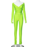 Lady Autumn Winter Solid Color Cross Collar Set Long Sleeved Pants Casual Suit S-L