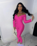 Lady Autumn Winter Solid Color Cross Collar Set Long Sleeved Pants Casual Suit S-L