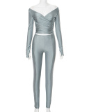 Lady Autumn Winter Solid Color Cross Collar Set Long Sleeved Pants Casual Suit S-L