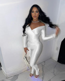 Lady Autumn Winter Solid Color Cross Collar Set Long Sleeved Pants Casual Suit S-L