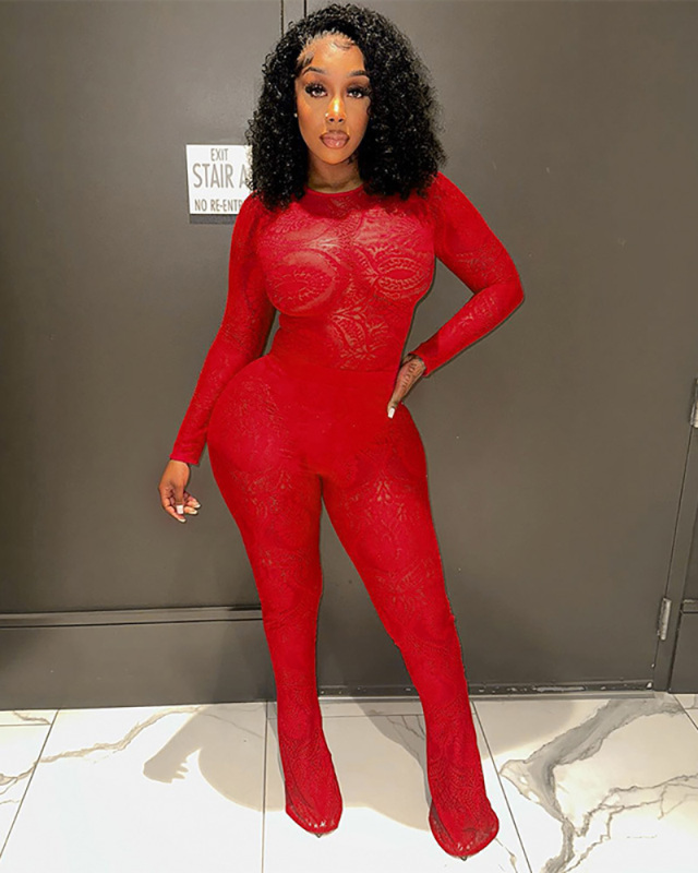 Lady Autumn Winter Lace Hollow See Through One-Piece Top And Pants Set S-L