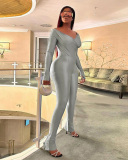 Lady Autumn Winter Solid Color Cross Collar Set Long Sleeved Pants Casual Suit S-L