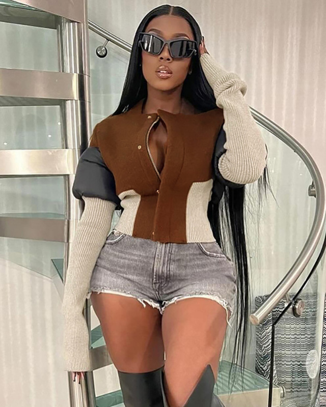 Women New Winter Zipper Cardigan Ribbed Stitching Long-Sleeved Cotton-Filled Jacket S-L