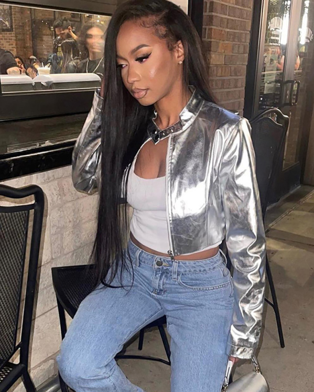 Women New Style Fashion Bright Leather Stand-Up Collar Button Zipper Long Sleeve Top Jacket S-L