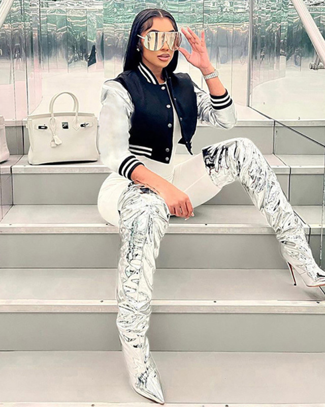 Women Autumn And Winter Embroidery Sweater Leather Cardigan Baseball Jacket Top S-L