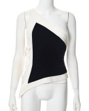 Black And White Contrast Sexy Halter Neck Tie Off-Shoulder Vest Top S-L
